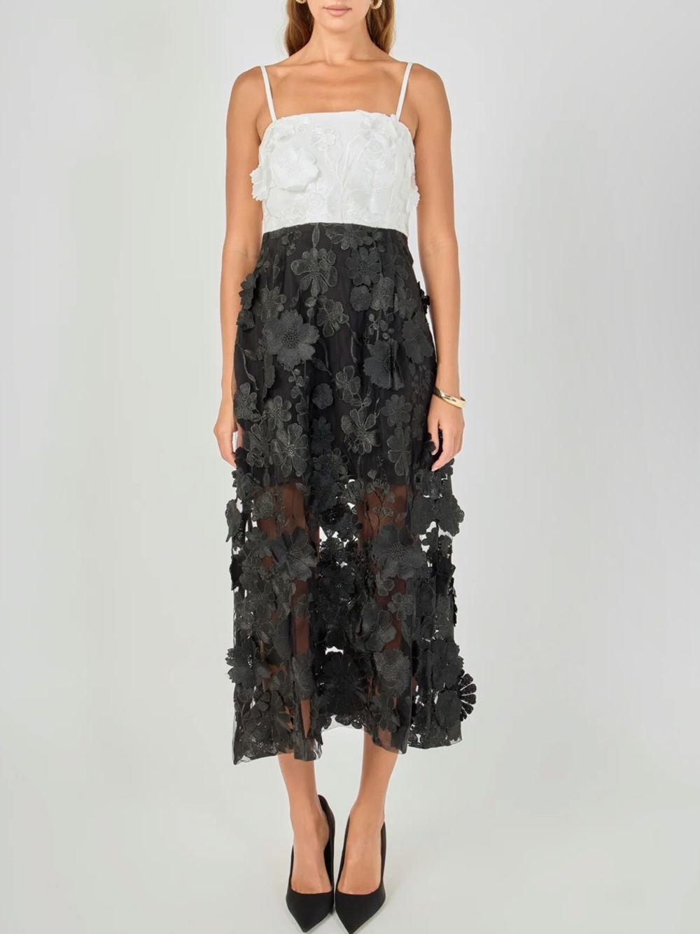 Endless Rose Floral Appliqué Colorblock Midi Dress in White & Black NEW Size S - Picture 6 of 11